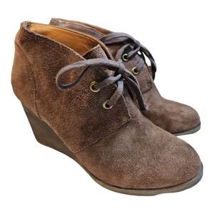 Lucky Brand Brown Suede Leather Booties Lace Up Wedge Heel Boho Women’s Size 7